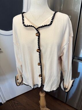 Cream Button-Front Sweater with Black Trim